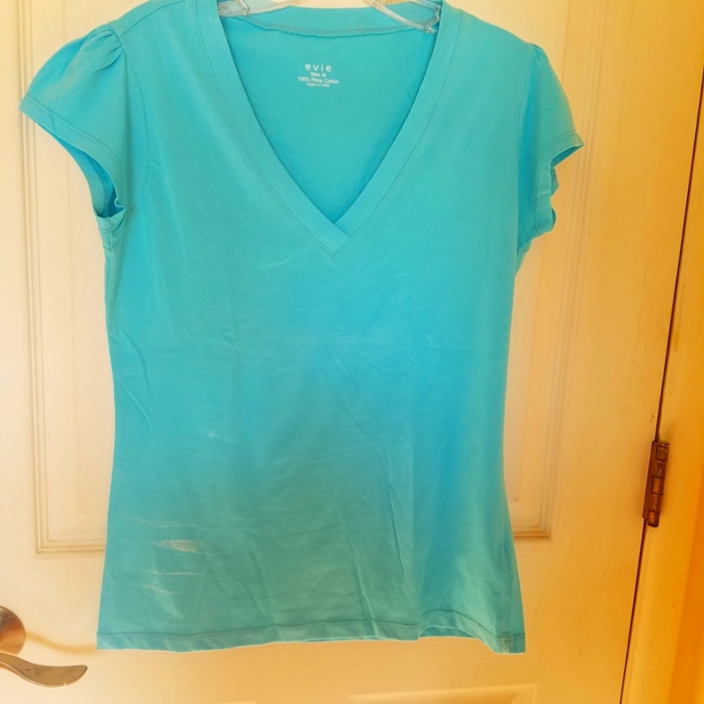 Evie V Neck T Shirt (M) , Aqua Blue with Capped Sleeves